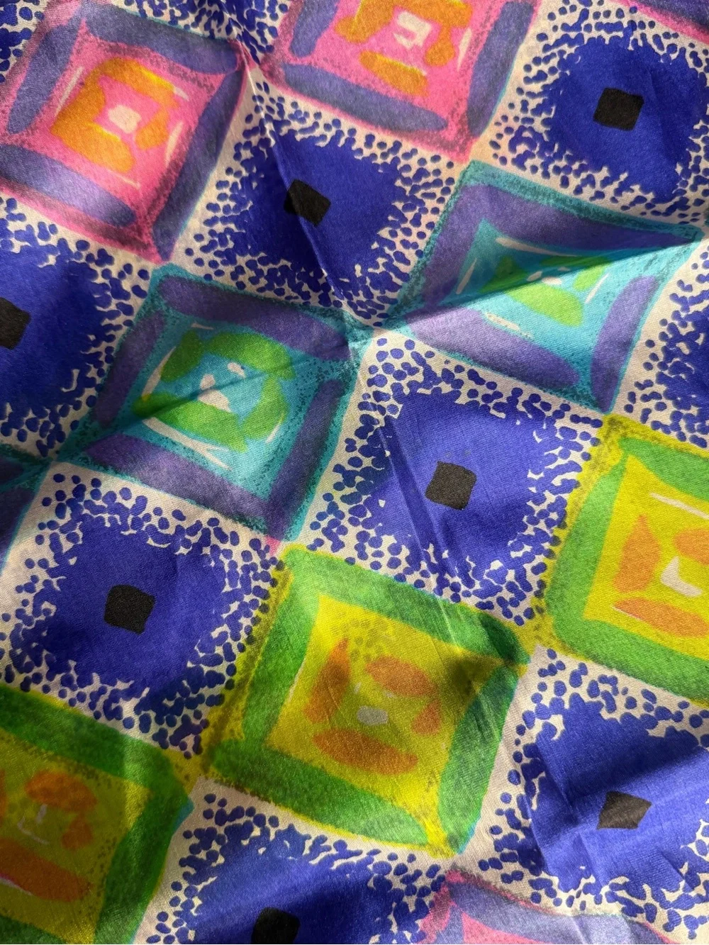 VTG Pure Silk Vibrant Geometric Scarf Blue with Multi-Color Squares 16.5” x 42”
